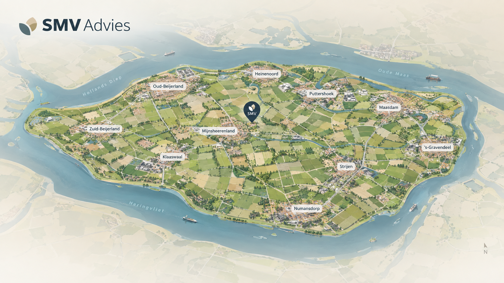 Illustratieve kaart van de Hoeksche Waard met de vestigingsplaats van SMV Advies en de kernen Oud-Beijerland, Heinenoord, Puttershoek, Maasdam, Zuid-Beijerland, Mijnsheerenland, 's-Gravendeel, Klaaswaal, Strijen en Numansdorp